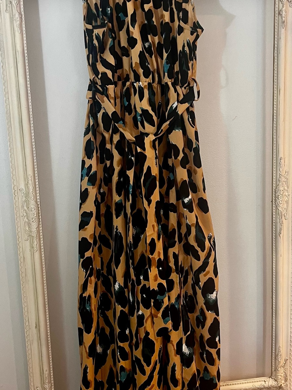SHEIN Camel and Black Leopard-Print Maxi Dress with Teal Accents